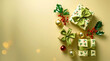© Expert - Festive christmas gifts with green ribbons and holly berries on a soft yellow background