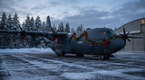 military plane decorated with Christmas garland