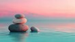 © mila103 - Stacked stones sit peacefully on water reflecting soft pastel colors of sunset. The serene atmosphere evokes calmness and balance in the natural landscape.