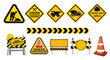 © hadi - Vector set of under construction and work in progress signs. Includes road signs, caution cones, barriers, heavy equipment (truck, cement mixer), and hard hat area symbols. Essential for safety, build