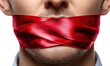 © PS Poppy - Silent Protest: A powerful visual symbol depicting a person's mouth sealed shut with a vibrant red ribbon, a potent illustration of censorship and suppression.