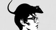 © arasheed - Black and white illustration of a rat standing on a person's head wearing glasses in profile view