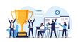 © Mitthila Vectx - A successful business team celebrates a major achievement with a golden trophy, showcasing teamwork, growth, and professional accomplishment.