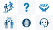 © Sumi - A set of six blue icons illustrating support, assistance, and frequently asked questions with diverse themes