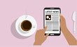© Novia Hesti - Person reads latest news on smartphone while drinking coffee at breakfast table, enjoying a peaceful and informed start to the day.