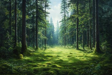  Sunlight filtering through a lush green forest canopy, illuminating a mossy forest floor with tall pine trees and dappled light creating a serene and tranquil natural landscape.