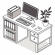 © bbbb - Clean isometric illustration of a modern office desk with computer keyboard mouse and binders