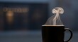 © MDRifat - Hot coffee in black mug with swirling steam and bokeh background