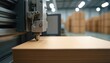 © miss irine - Automated machine cuts corrugated cardboard sheets for packaging production line. Industrial cutter prepares material for box manufacturing. Close-up view of manufacturing equipment.