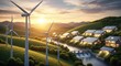 © TechVerse - Wind turbines and houses powered by renewable energy on a green hillside