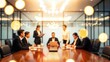 © Muin - Blurred image of a professional business meeting in a modern office setting with a diverse team collaborating around a conference table, highlighting teamwork and corporate environment