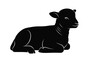 © Elwood - A stylized black silhouette of a gentle baby lamb lying down peacefully on a clean white background, symbolizing innocence and purity.