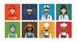 © Mehnaz - Collection of diverse cartoon character avatars showing people in various professional uniforms like a doctor police officer chef and firefighter.