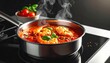 © ruangrit19 - Shrimp simmering in rich tomato sauce on a modern stovetop offers a delightful and appetizing seafood experience.