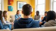 © Bat - Teenagers sitting in a circle with a counselor in a cozy room, sharing experiences during a youth support group session, fostering mental health awareness, empathy, and healing through