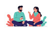 © Sufol - Young man and woman sitting cross-legged on the ground having a friendly and engaging conversation over coffee.