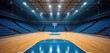 © miss irine - Empty indoor basketball court with polished wooden floor, blue seats for spectators. Professional sport arena with hoop under bright spotlights awaits competition. Large stadium gym ready for big