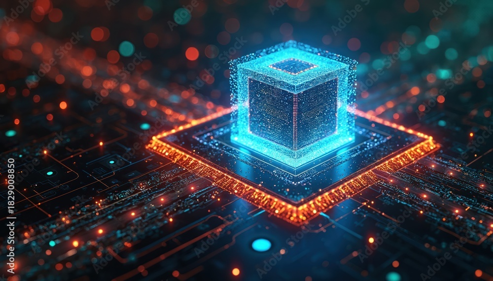 Bright blue glowing cube on intricate circuit board. Visual represents ...