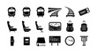 © maximon4ik - Train travel elements: icon set featuring seats, tracks, and timetables for journey planning