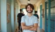 © miss irine - Young jewish male student stands smiling in university hallway. He wears a kippah, casual shirt, arms crossed. Other students walk past lockers and bulletin boards.