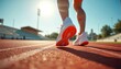 © miss irine - Close-up shows person running on red stadium track with white lines. Runner wears modern white sport shoes with bright orange soles. Athlete trains, works out for improved health, strong physical