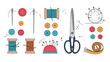 © Gabriel - Set of sewing tool and supply icons including needle, thread, button, scissor, and tape measure