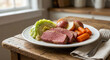 © vasyan_23 - A plate of traditional corned beef with potatoes, carrots, and cabbage on a rustic wooden table