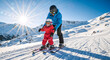 © Milan - Father teaching little child to ski on snowy mountain slope. Dad helping toddler on skis during winter vacation. Family ski holiday concept