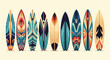 © Robiul - A diverse collection of ten vibrantly designed surfboards, each featuring unique patterns and a retro-inspired color palette, standing upright.