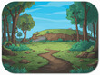 © vector - Scenic landscape illustration of a cartoon forest path leading to a grassy hill under a blue sky art