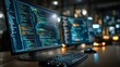 © Zarana  - Programming code displayed on modern computer monitors in a data center or office at night, showcasing software development and cybersecurity concepts.