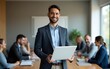© ning - Smiling businessman standing with a laptop before a boardroom meeting. High quality