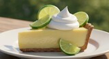 A slice of creamy pie with lime slices and whipped cream on a plate, outdoors