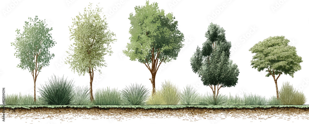 Trees Section Pg Five diverse trees and various green grasses with visible soil cross ...