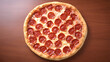 © liu - hunger. Flat lay of a freshly made pepperoni pizza with melted cheese, presented on a clean background. representing modern convenience.