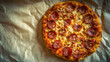 © liu - hunger. Flat lay of a freshly made pepperoni pizza with melted cheese, presented on a clean background. representing modern convenience.