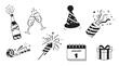 © Marzina Begum - Festive new year s eve celebration elements including champagne bottle clinking glasses party hats confetti poppers noisemaker calendar and gift box in a charming silhouette style