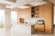 © ImageFlow - Modern minimalist kitchen interior with light wood cabinets and concrete island in bright apartment overlooking city skyline. 3D Rendering