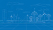 © arthub Tokyo - Blueprint of a vibrant futuristic city powered by wind energy, showcasing sustainable architecture and innovative urban planning for a greener tomorrow with a bright, clean aesthetic