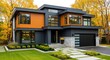 © yohana - An attractive contemporary two-story home featuring striking black and orange siding, large windows, a square-paver walkway, and bright yellow autumn trees in the background.