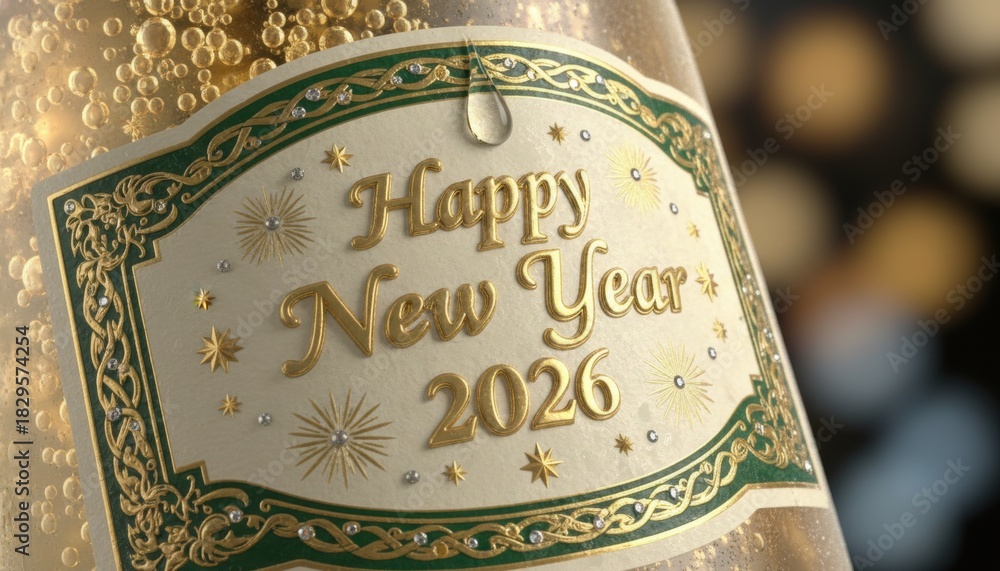 Happy New Year 2026 Champagne Bottle Label with Golden Bubbles and