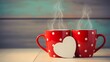 © MDIBRAHIM - Two red polka dot mugs with steam and heart tag on wooden surface