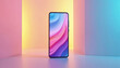 © Pete - Smartphone stands in colorful room with modern design. Mobile phone displays bright screen with trendy wallpaper pattern. Blank display good for app presentation. Smart device for business promotion.