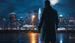 © SolaruS - A lone figure stands in the rain, gazing at the illuminated city skyline under a full moon. Evokes mystery, contemplation, urban life,  determination.