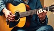 © Pete - Hands play on classic acoustic guitar illustration. Fingers press strings making chords. Musician performs song. Concept music therapy helps relax, music artistic expression, emotional connection.