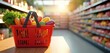 © Pete - Grocery basket with fresh veggies at supermarket. Retail shop with local fruit, grocery, food. Commerce with natural, organic healthy nutrition. Online ordering system for buy products. Shopping