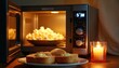 © Pete - Popcorn pops inside an open microwave oven in the kitchen. A tasty snack with toast and butter is ready for a cozy evening. A lit candle provides a warm romantic mood for dinner.
