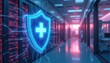 © Pete - Digital shield with medical cross symbol protects patient data in healthcare. Server racks, hospital corridor represent data security, tech compliance. Illustration innovation protecting health tech