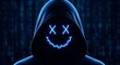 © Fareeda  - Anonymous hacker in hoodie glowing smiley face digital binary code background cyber security concept