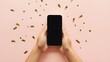 © Intellectual - Pov top above overhead close up view photo of female hands holding using smart digital device with touch screen for mockup